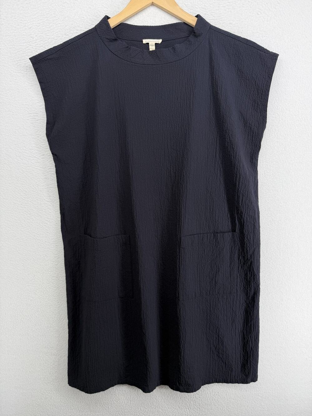 EILEEN FISHER Dress L Organic Cotton Seersucker Shift Mock Neck Cap Sleeve Black